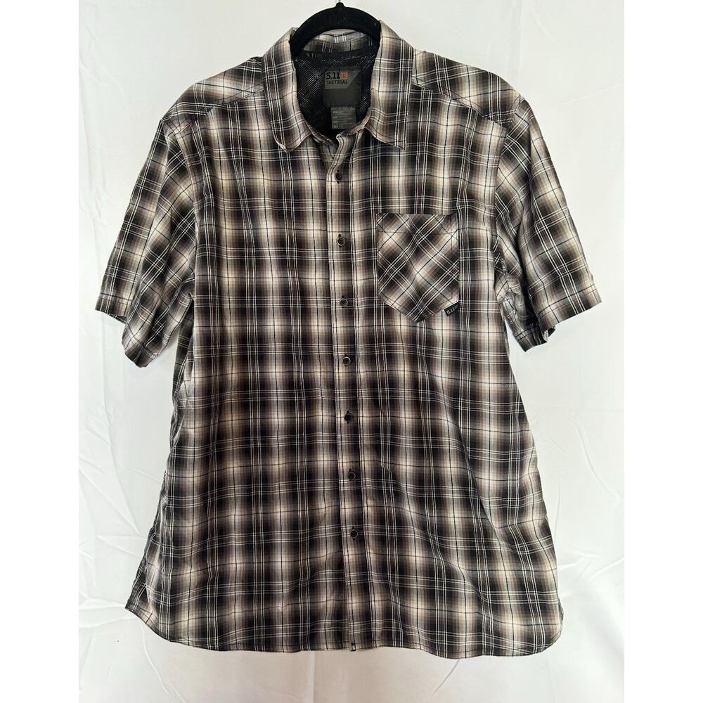 5.11 Tactical Mens Short Sleeve Plaid Button‎ Up Shirt Black Grey Large Utility
